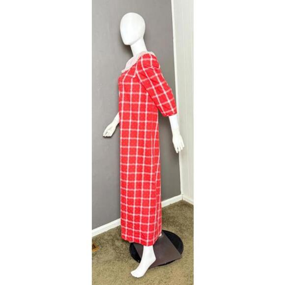 Vintage 1970's Red Plaid Maxi Dress Swiss Dot Chiffon Collar Betty Higgins - Picture 4 of 10
